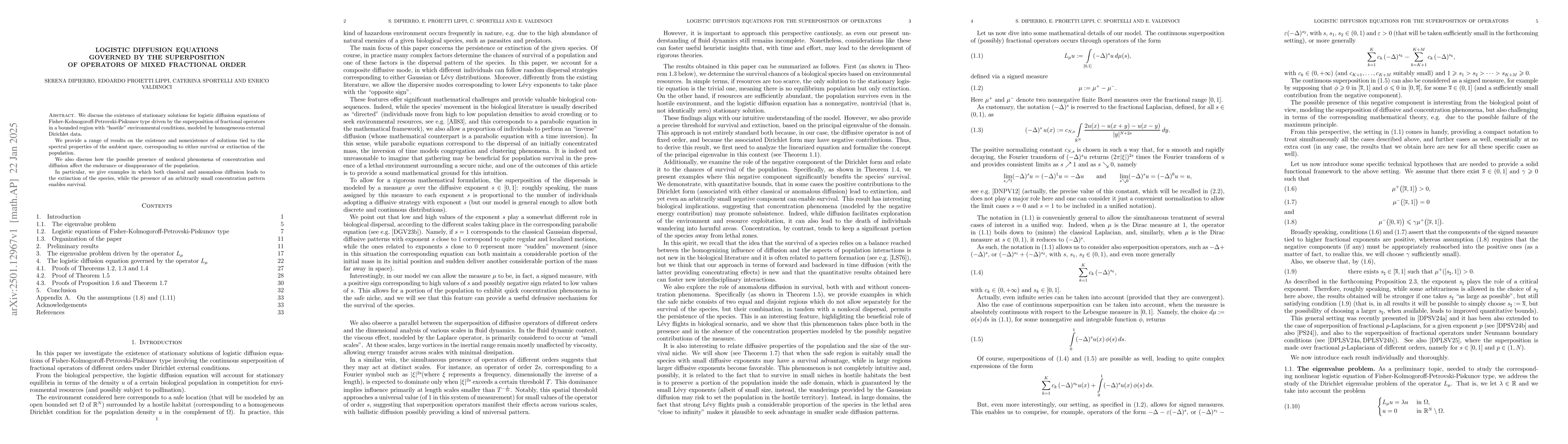 Thumbnail for Logistic diffusion equations governed by the superposition of operators
  of mixed fractional order