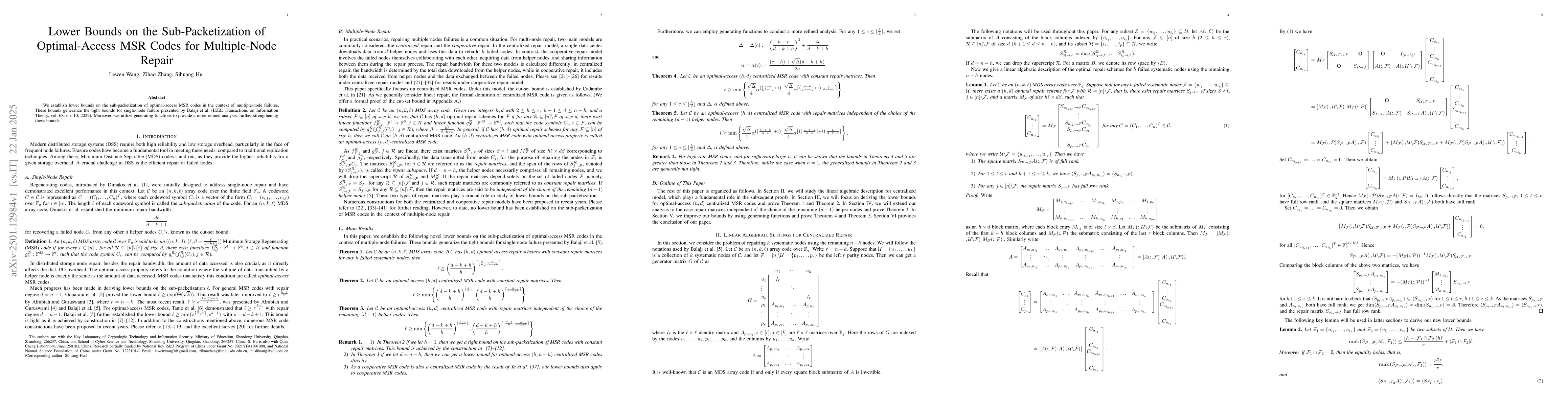 Thumbnail for Lower Bounds on the Sub-Packetization of Optimal-Access MSR Codes for
  Multiple-Node Repair