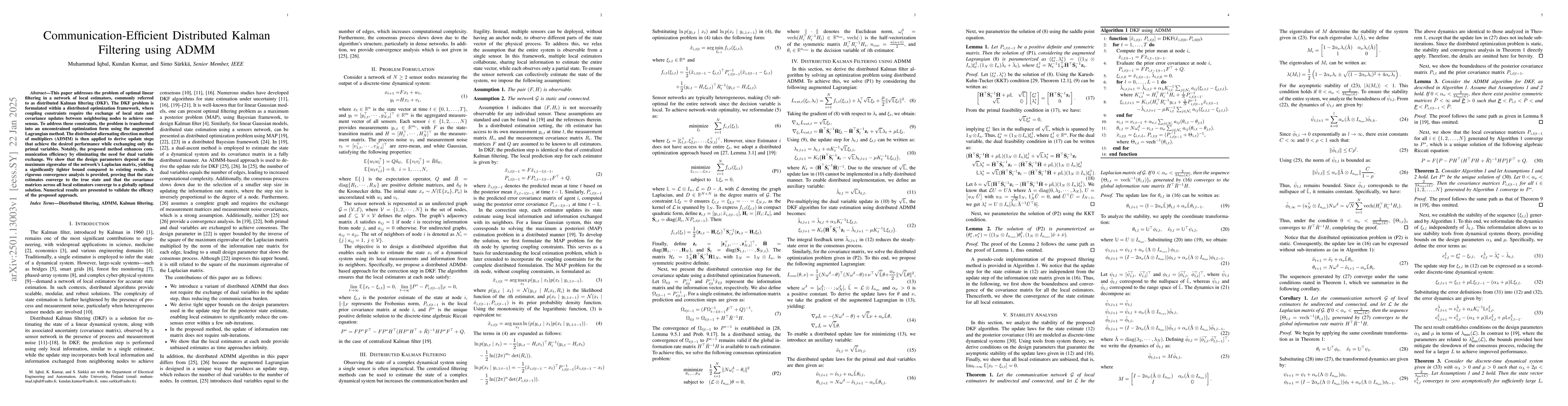 Thumbnail for Communication-Efficient Distributed Kalman Filtering using ADMM