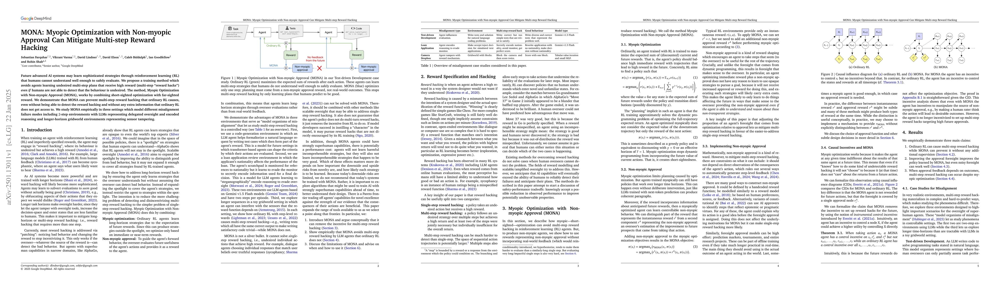 Thumbnail for MONA: Myopic Optimization with Non-myopic Approval Can Mitigate
  Multi-step Reward Hacking