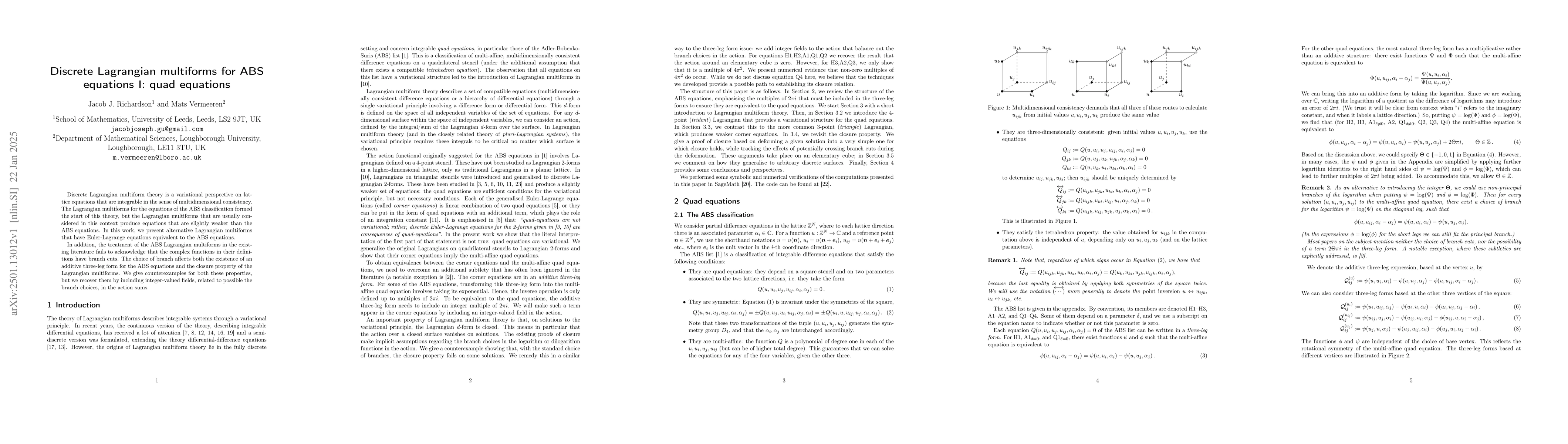 Thumbnail for Discrete Lagrangian multiforms for ABS equations I: quad equations