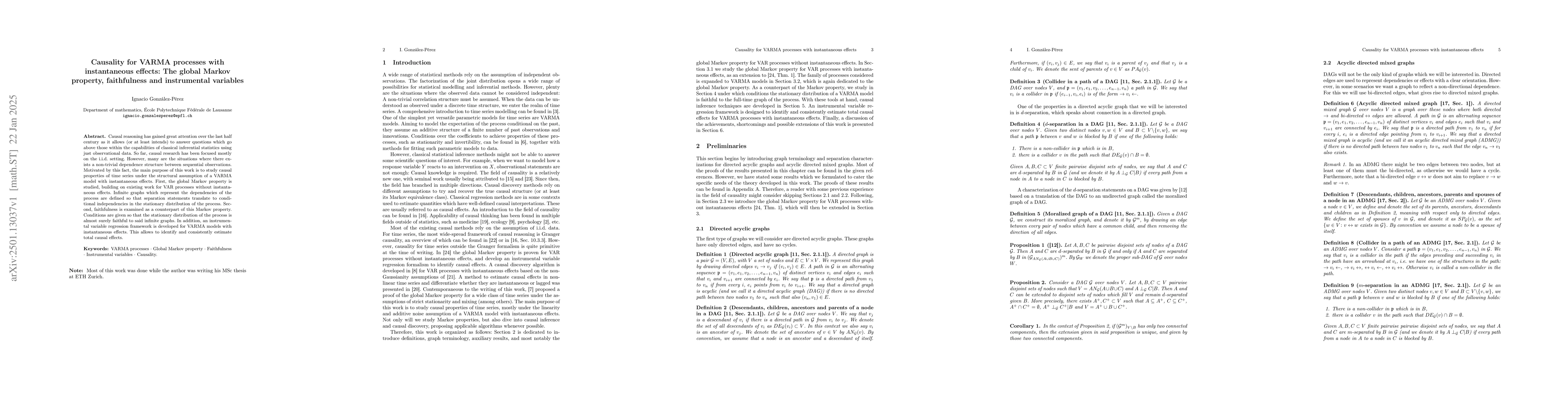 Thumbnail for Causality for VARMA processes with instantaneous effects: The global
  Markov property, faithfulness and instrumental variables