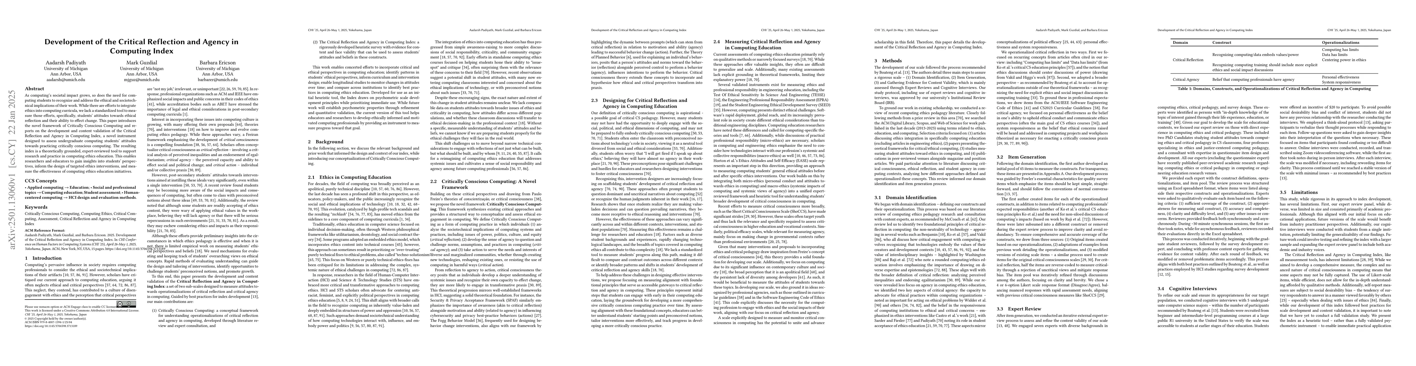 Thumbnail for Development of the Critical Reflection and Agency in Computing Index