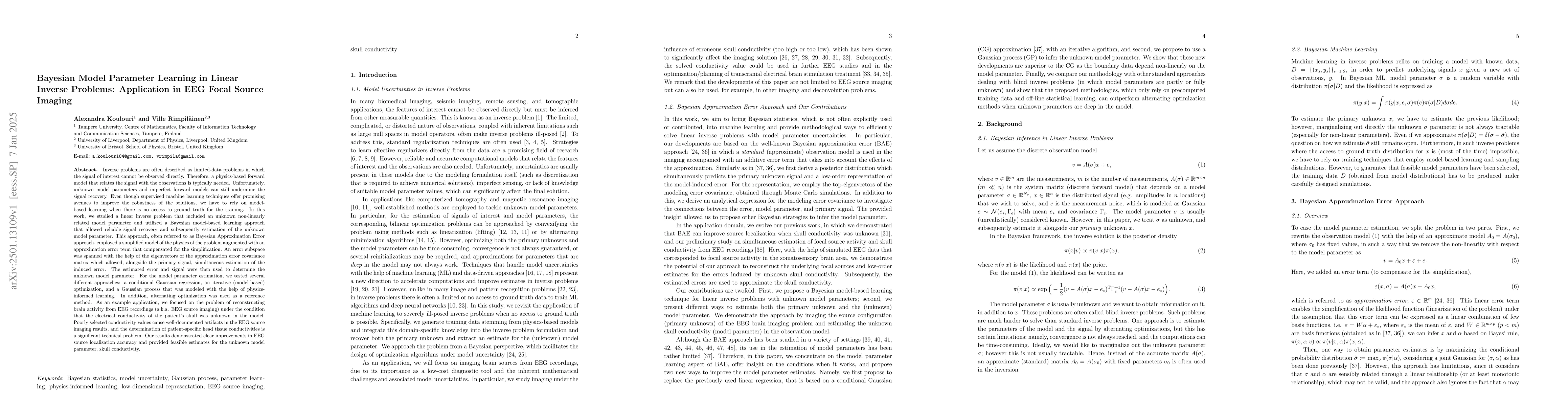 Thumbnail for Bayesian Model Parameter Learning in Linear Inverse Problems with
  Application in EEG Focal Source Imaging