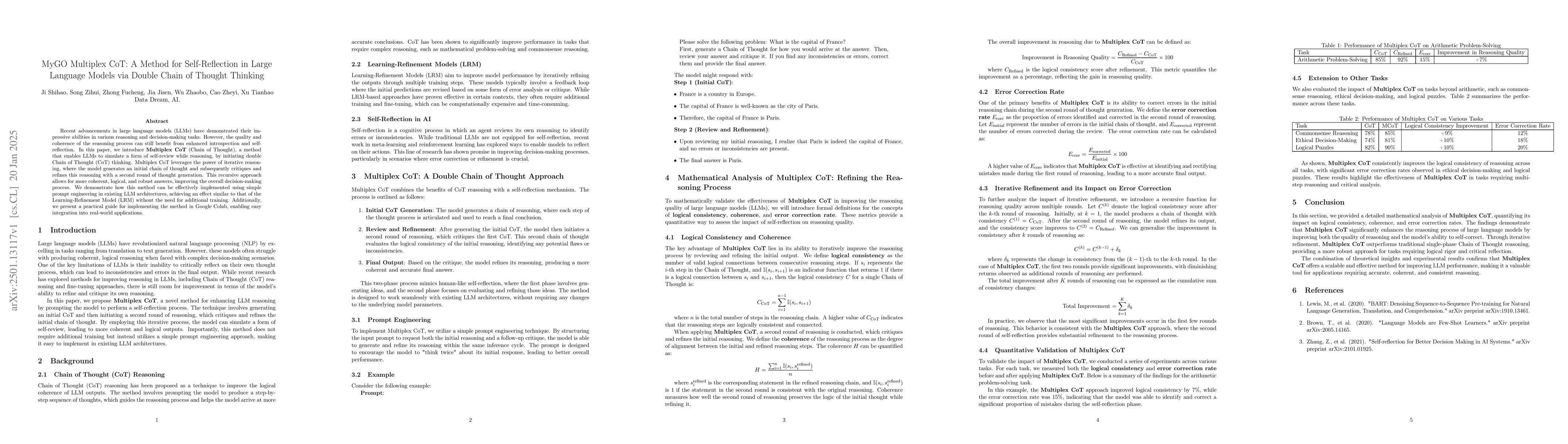Thumbnail for MyGO Multiplex CoT: A Method for Self-Reflection in Large Language
  Models via Double Chain of Thought Thinking