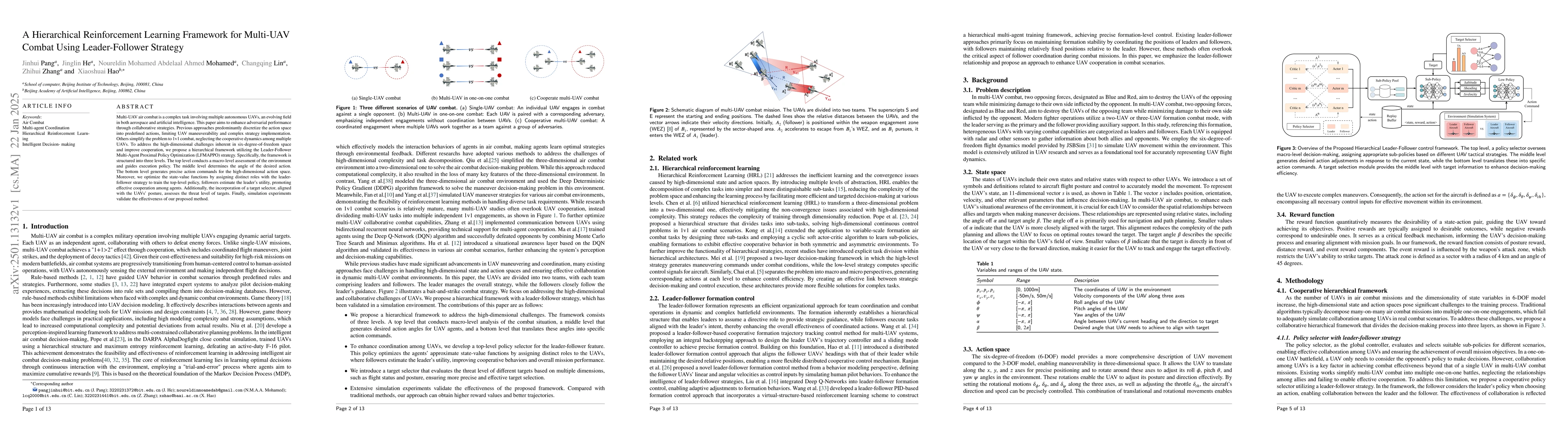 Thumbnail for A Hierarchical Reinforcement Learning Framework for Multi-UAV Combat
  Using Leader-Follower Strategy
