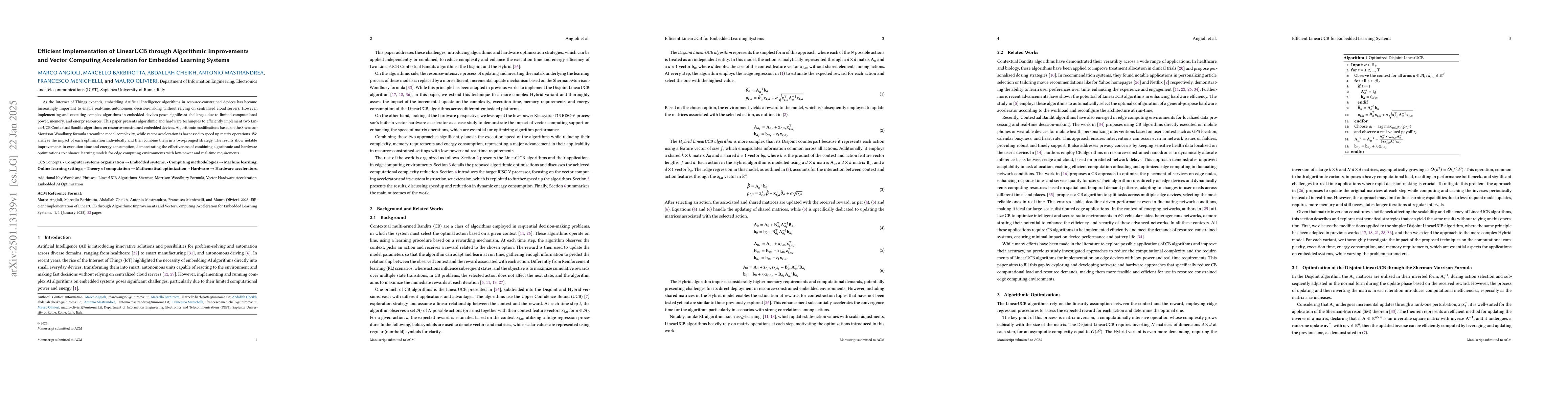 Thumbnail for Efficient Implementation of LinearUCB through Algorithmic Improvements
  and Vector Computing Acceleration for Embedded Learning Systems