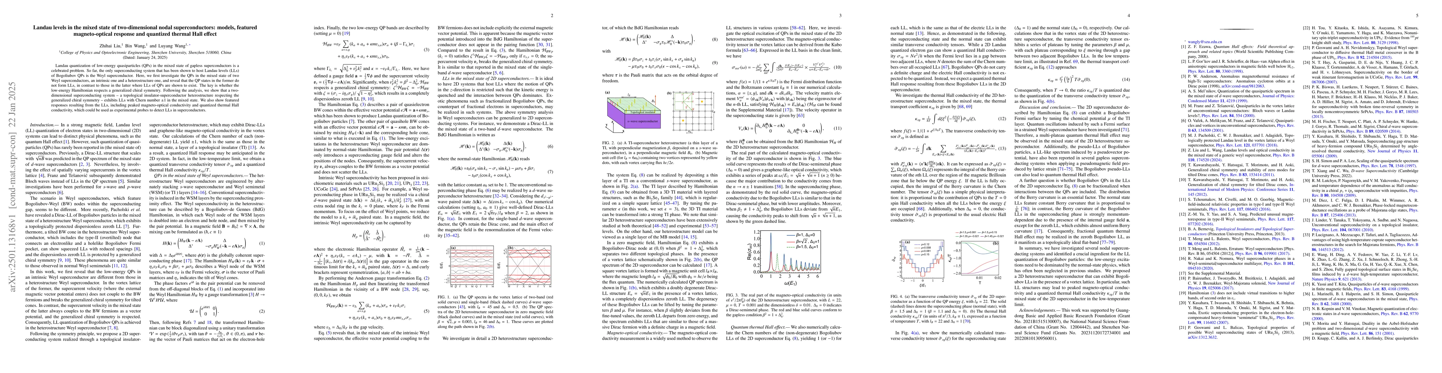 Thumbnail for Landau levels in the mixed state of two-dimensional nodal
  superconductors: models, featured magneto-optical response and quantized
  thermal Hall effect