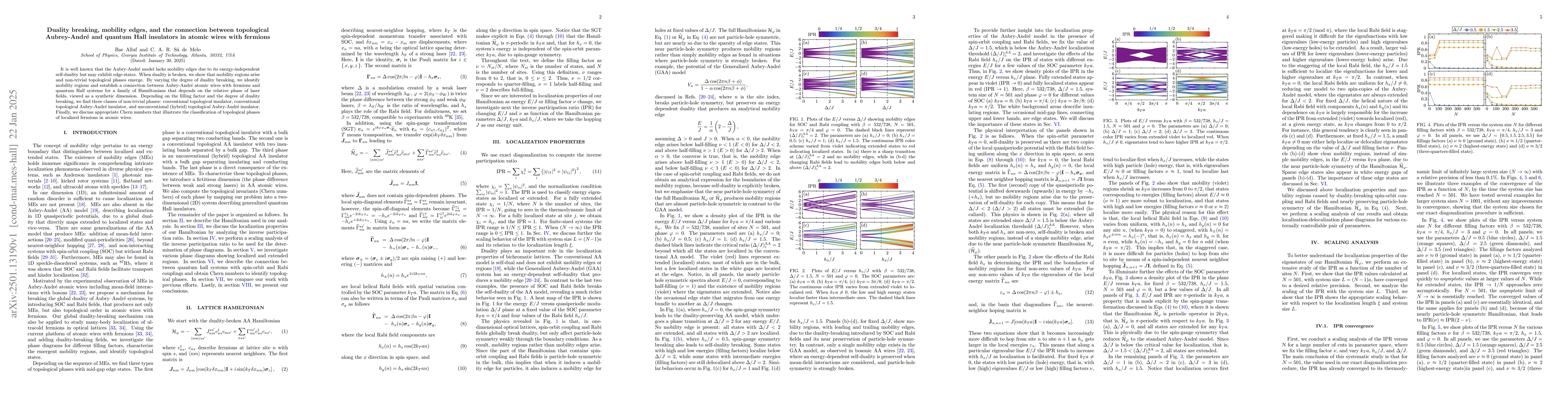 Thumbnail for Duality breaking, mobility edges, and the connection between topological
  Aubrey-André and quantum Hall insulators in atomic wires with fermions