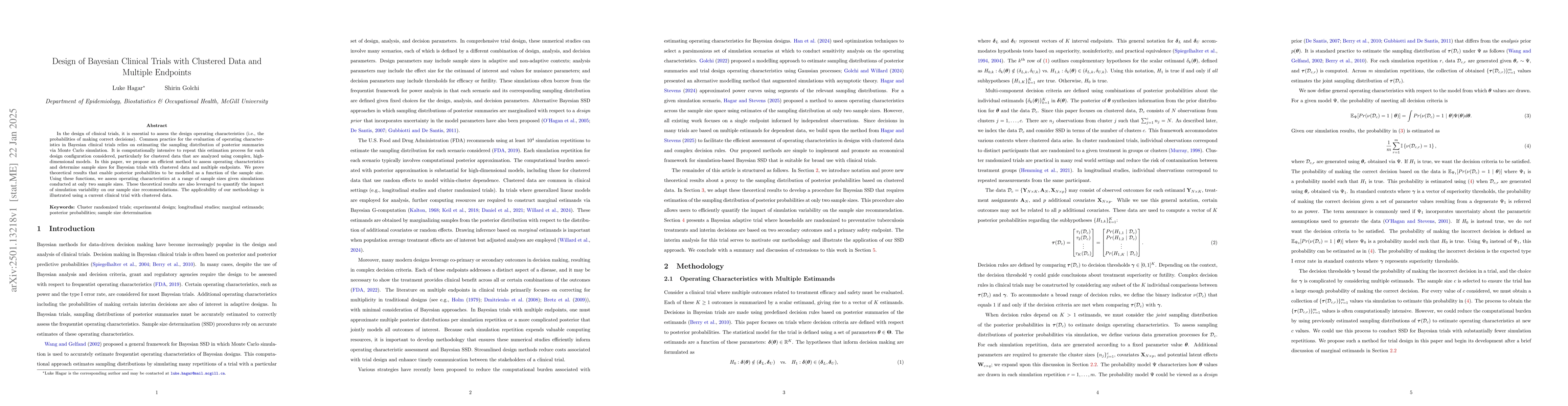 Thumbnail for Design of Bayesian Clinical Trials with Clustered Data and Multiple
  Endpoints