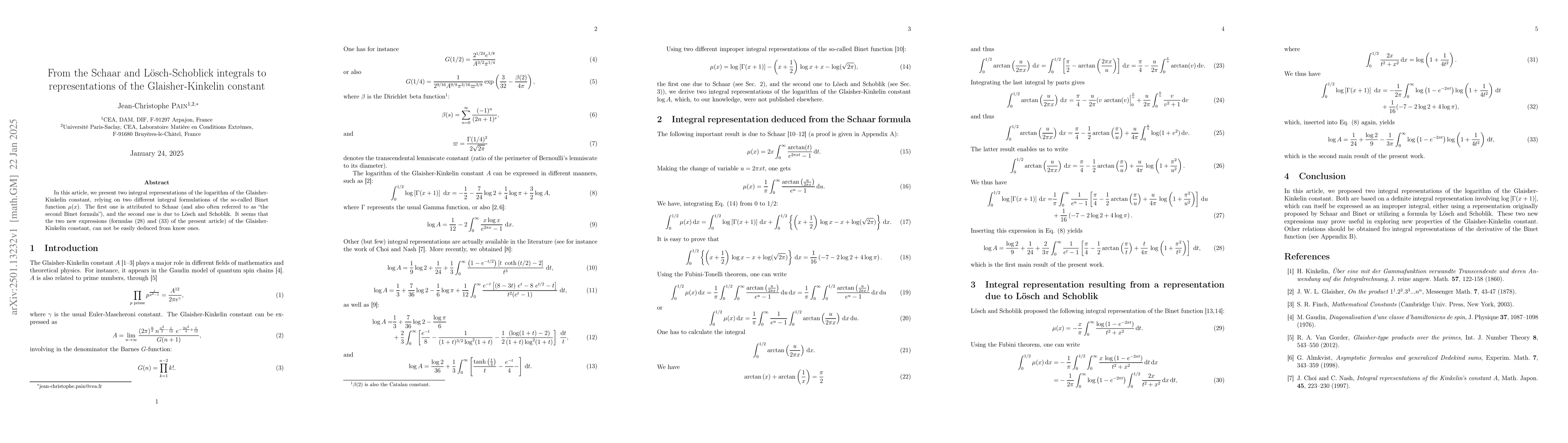 Thumbnail for From the Schaar and Lösch-Schoblick integrals to representations of
  the Glaisher-Kinkelin constant