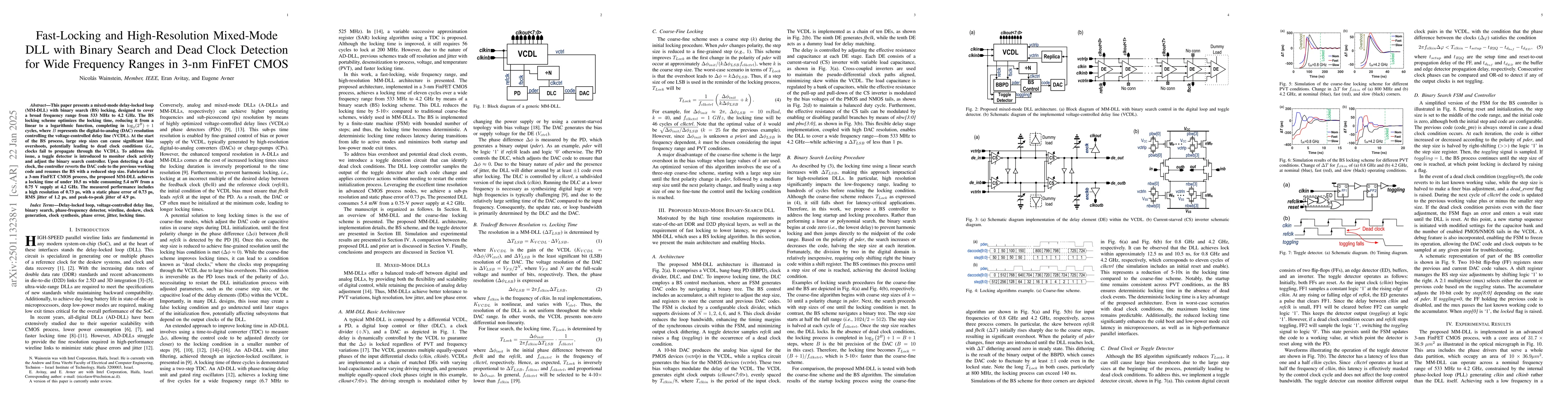 Thumbnail for Fast-Locking and High-Resolution Mixed-Mode DLL with Binary Search and
  Dead Clock Detection for Wide Frequency Ranges in 3-nm FinFET CMOS
