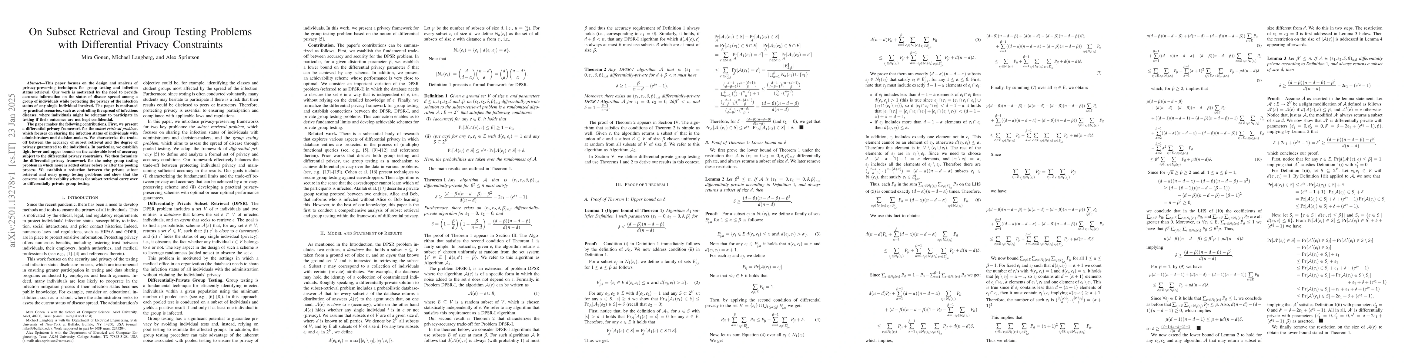 Thumbnail for On Subset Retrieval and Group Testing Problems with Differential Privacy
  Constraints