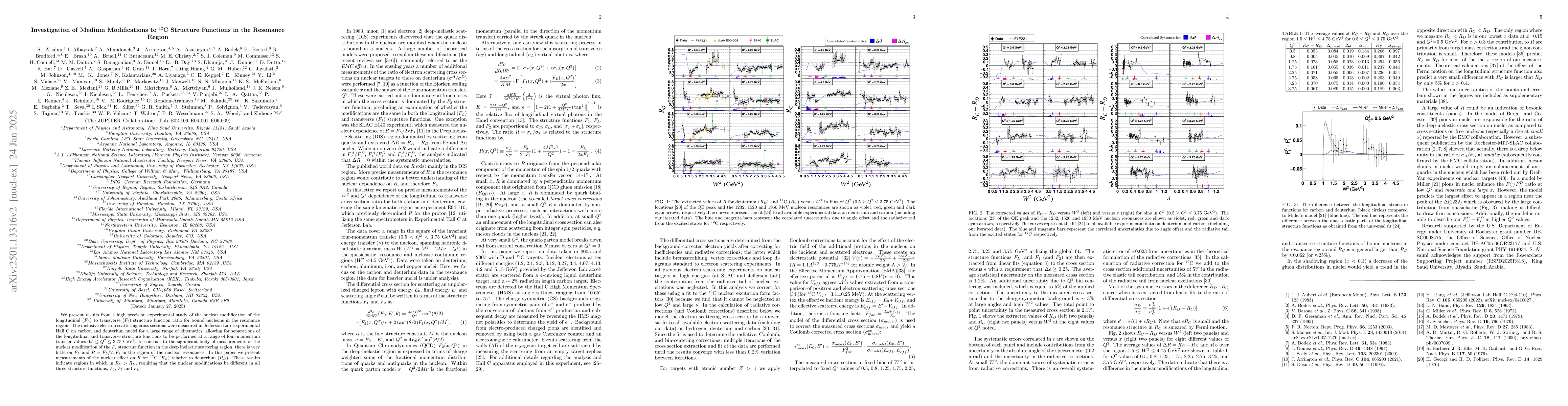 Thumbnail for Investigation of Medium Modifications to $^{12}$C Structure Functions in
  the Resonance Region