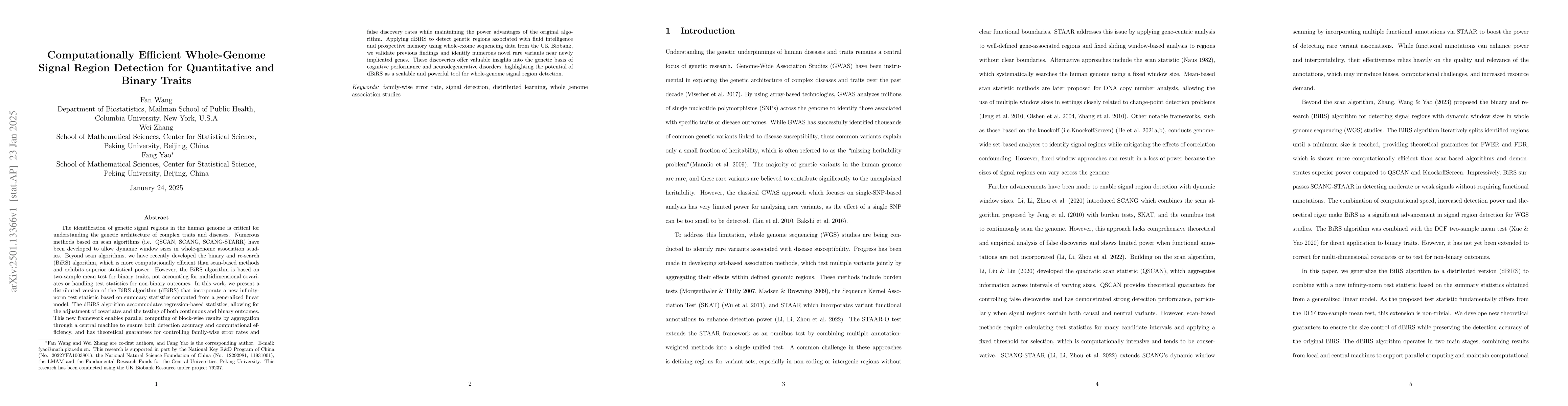 Thumbnail for Computationally Efficient Whole-Genome Signal Region Detection for
  Quantitative and Binary Traits