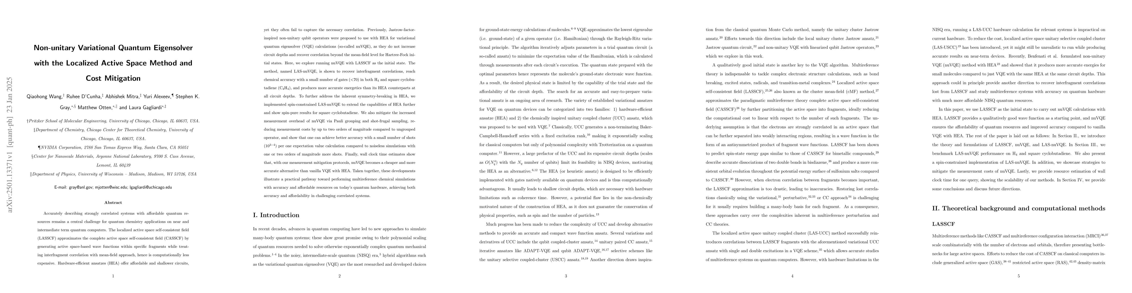 Thumbnail for Non-unitary Variational Quantum Eigensolver with the Localized Active
  Space Method and Cost Mitigation