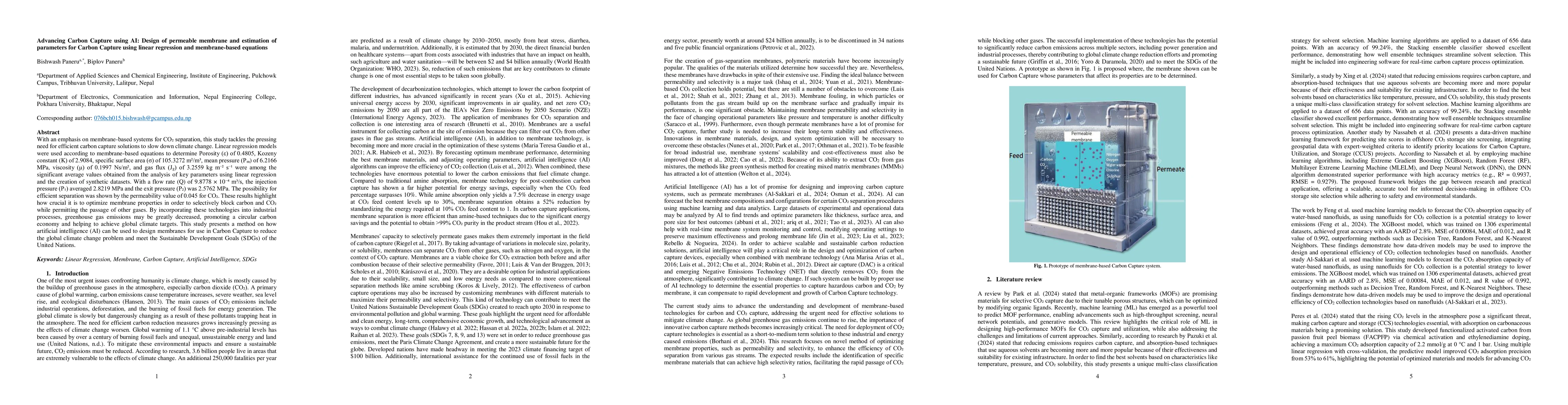 Thumbnail for Advancing Carbon Capture using AI: Design of permeable membrane and
  estimation of parameters for Carbon Capture using linear regression and
  membrane-based equations