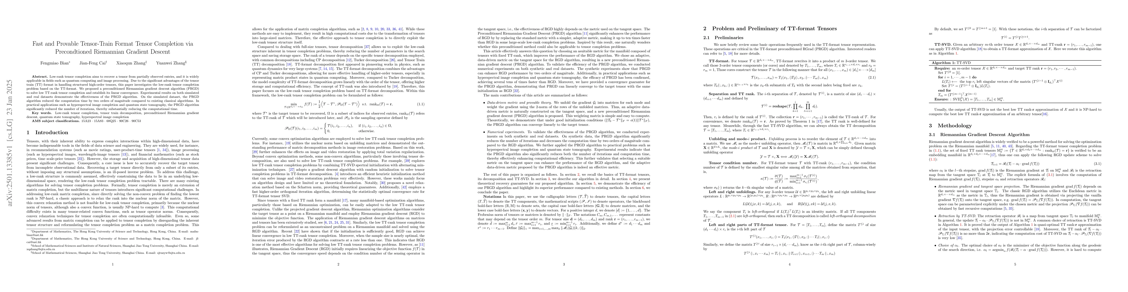 Thumbnail for Fast and Provable Tensor-Train Format Tensor Completion via
  Precondtioned Riemannian Gradient Descent