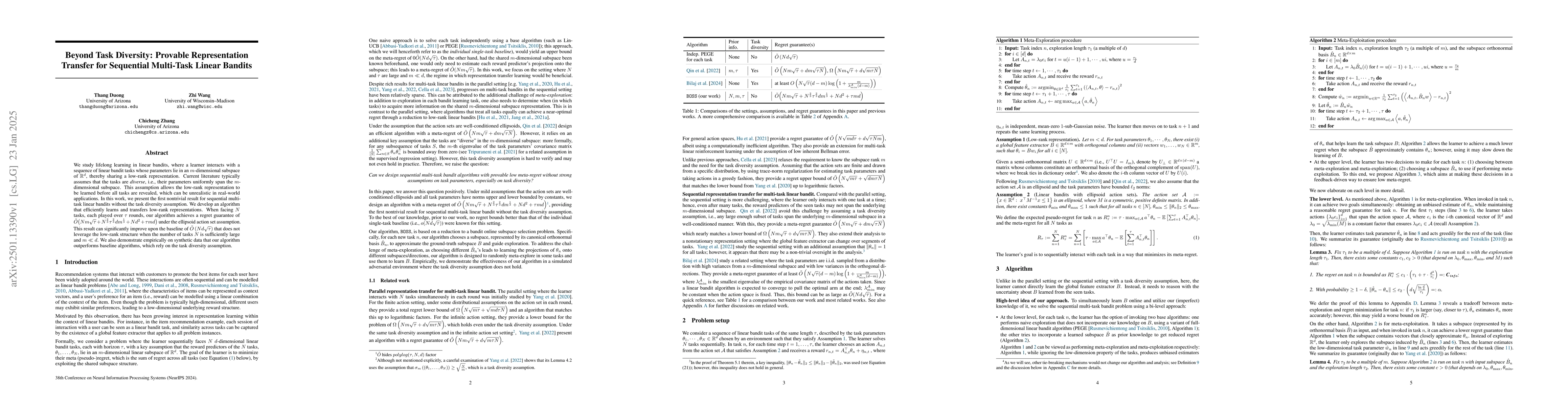Thumbnail for Beyond Task Diversity: Provable Representation Transfer for Sequential
  Multi-Task Linear Bandits