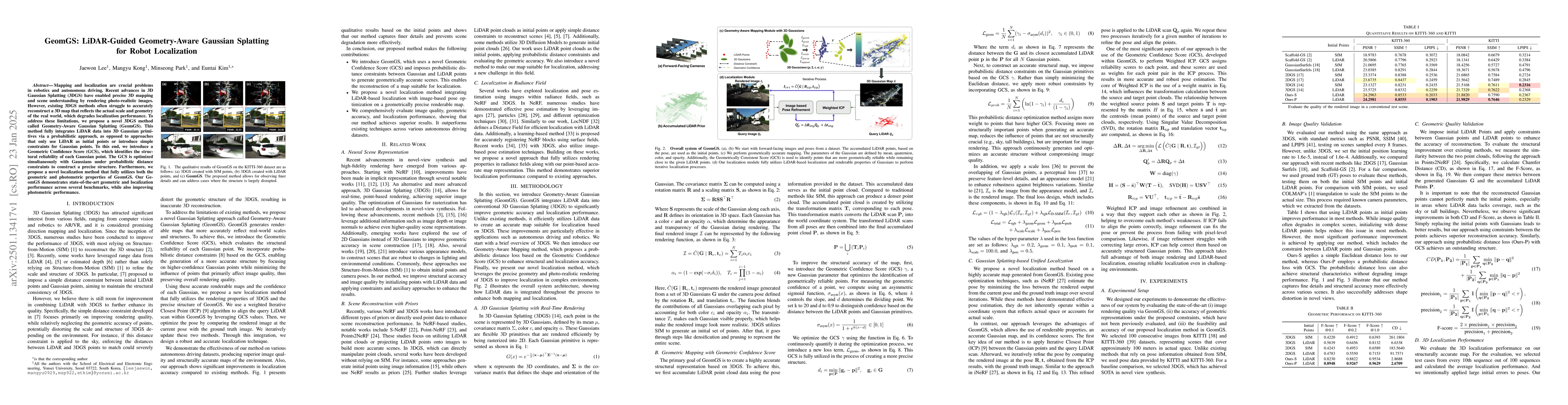 Thumbnail for GeomGS: LiDAR-Guided Geometry-Aware Gaussian Splatting for Robot
  Localization