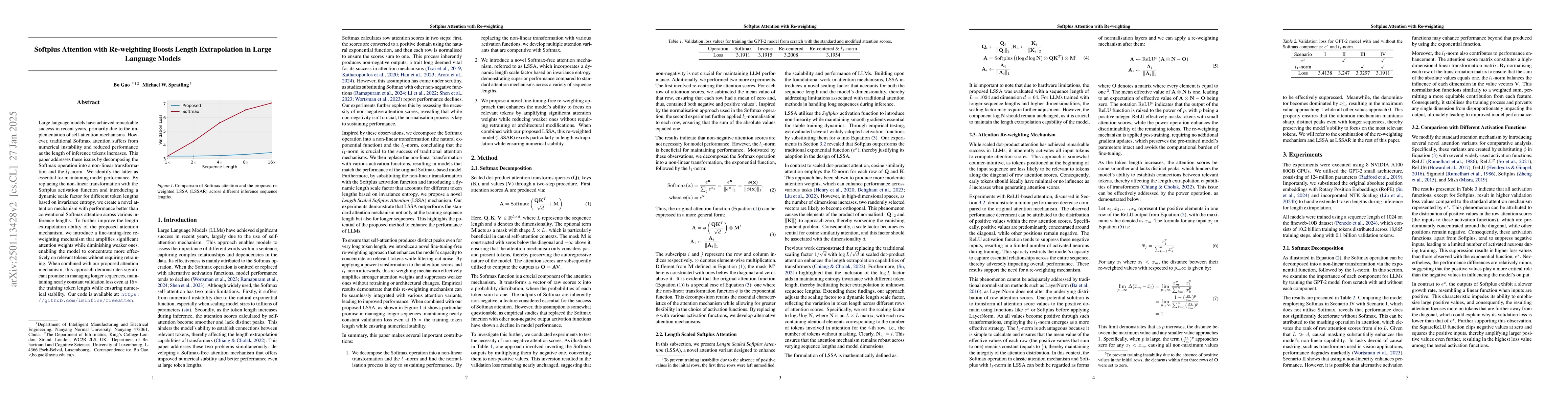 Thumbnail for Softplus Attention with Re-weighting Boosts Length Extrapolation in
  Large Language Models