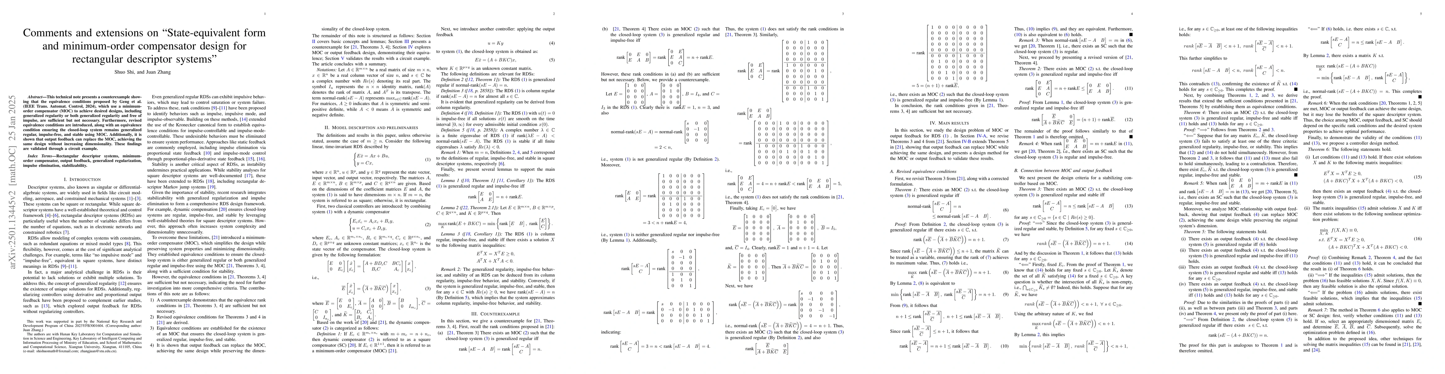 Thumbnail for Comments and extensions on "State-equivalent form and minimum-order
  compensator design for rectangular descriptor systems'"