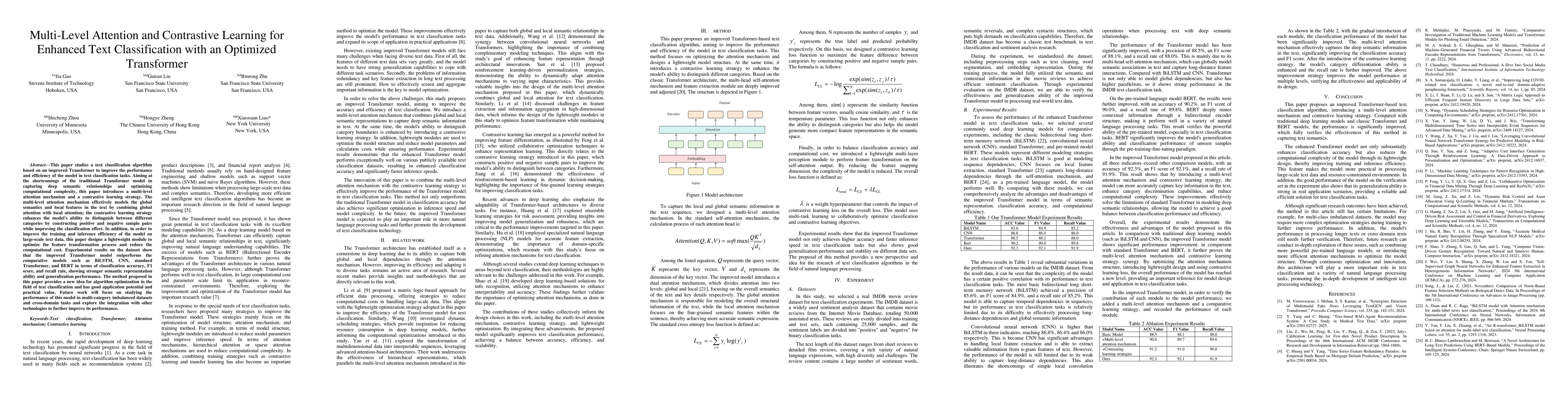 Thumbnail for Multi-Level Attention and Contrastive Learning for Enhanced Text
  Classification with an Optimized Transformer