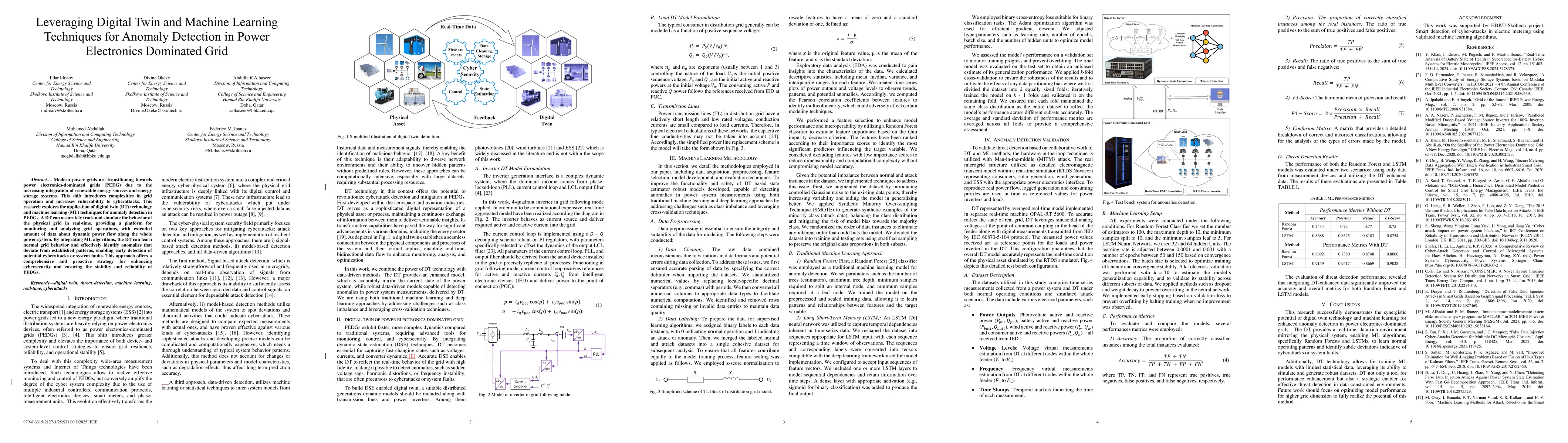 Thumbnail for Leveraging Digital Twin and Machine Learning Techniques for Anomaly
  Detection in Power Electronics Dominated Grid