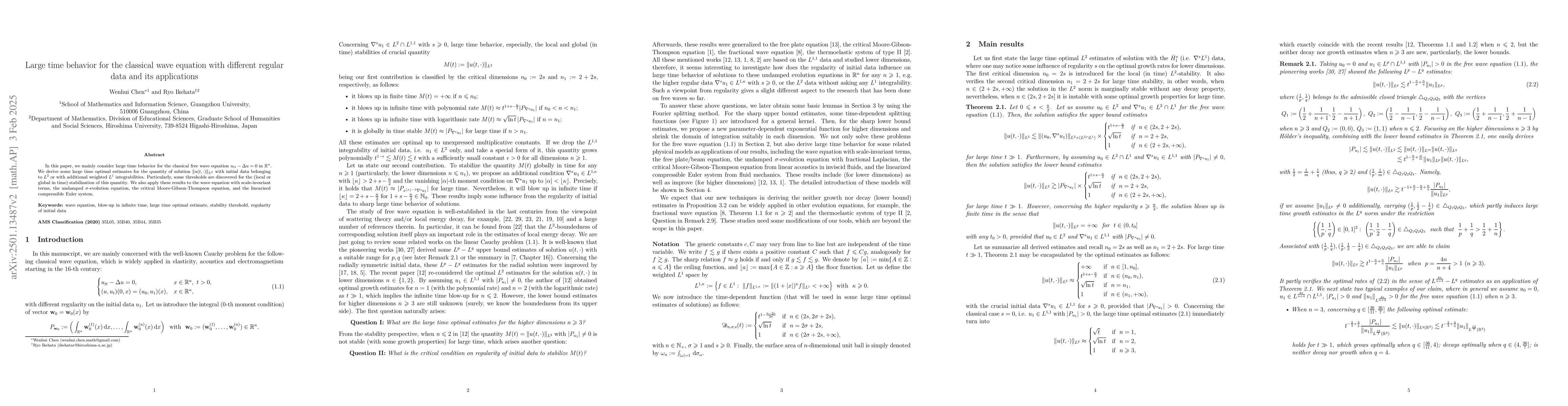 Thumbnail for Large time behavior for the classical wave equation with different
  regular data and its applications