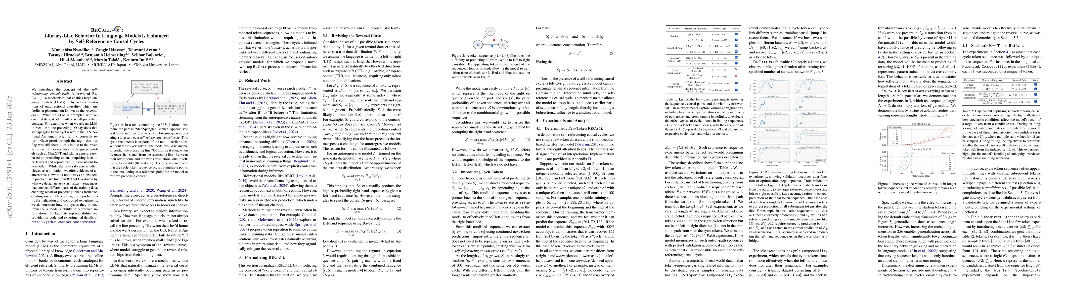 Thumbnail for RECALL: Library-Like Behavior In Language Models is Enhanced by
  Self-Referencing Causal Cycles
