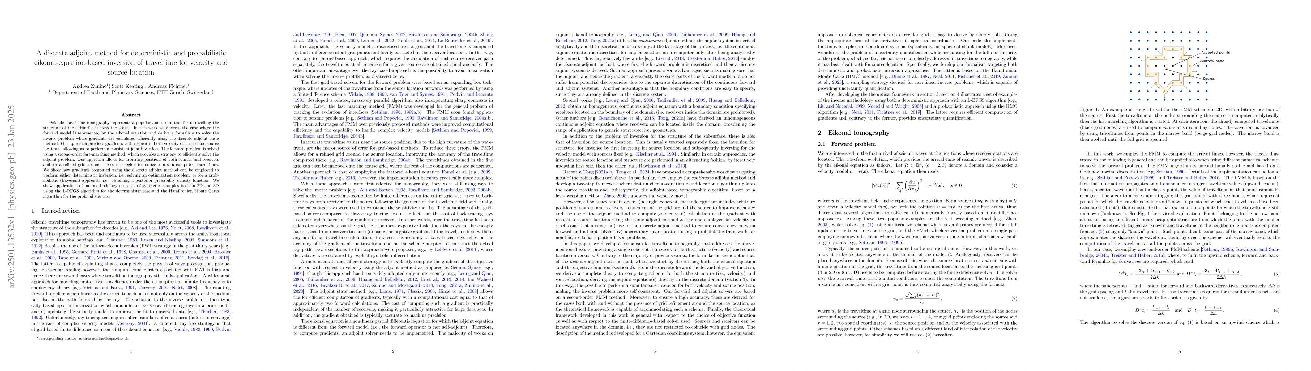 Thumbnail for A discrete adjoint method for deterministic and probabilistic
  eikonal-equation-based inversion of traveltime for velocity and source
  location