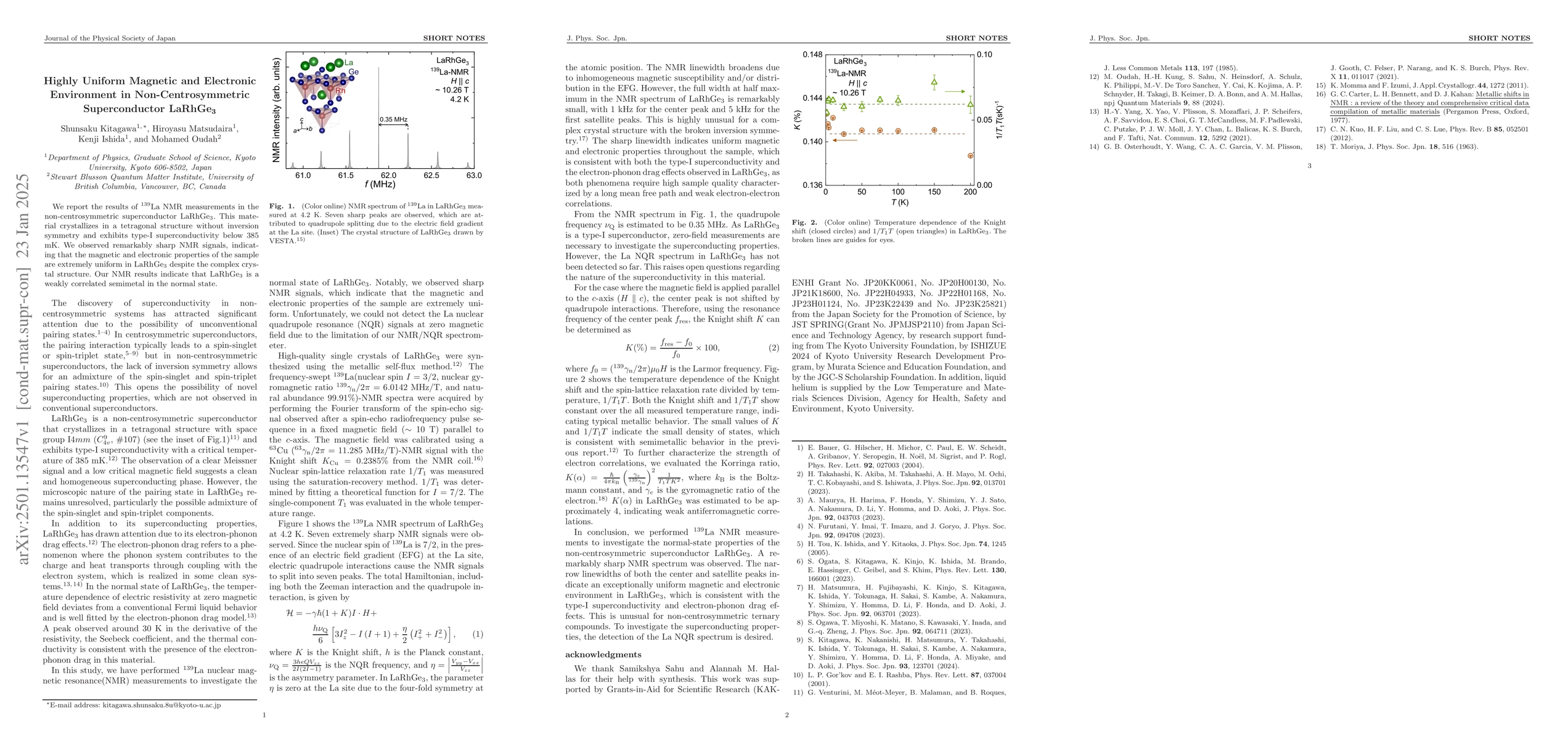 Thumbnail for Highly Uniform Magnetic and Electronic Environment in
  Non-Centrosymmetric Superconductor LaRhGe$_3$