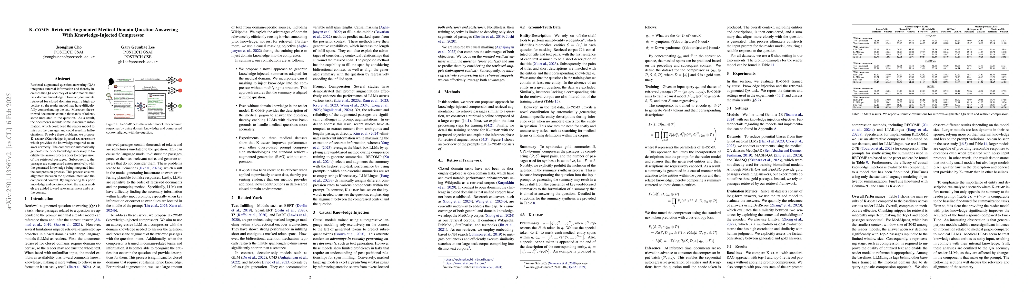 Thumbnail for K-COMP: Retrieval-Augmented Medical Domain Question Answering With
  Knowledge-Injected Compressor