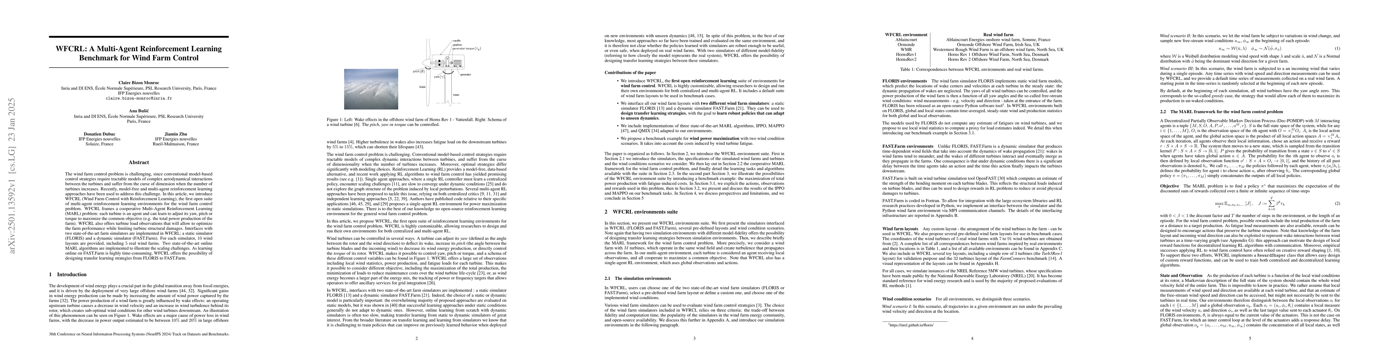 Thumbnail for WFCRL: A Multi-Agent Reinforcement Learning Benchmark for Wind Farm
  Control