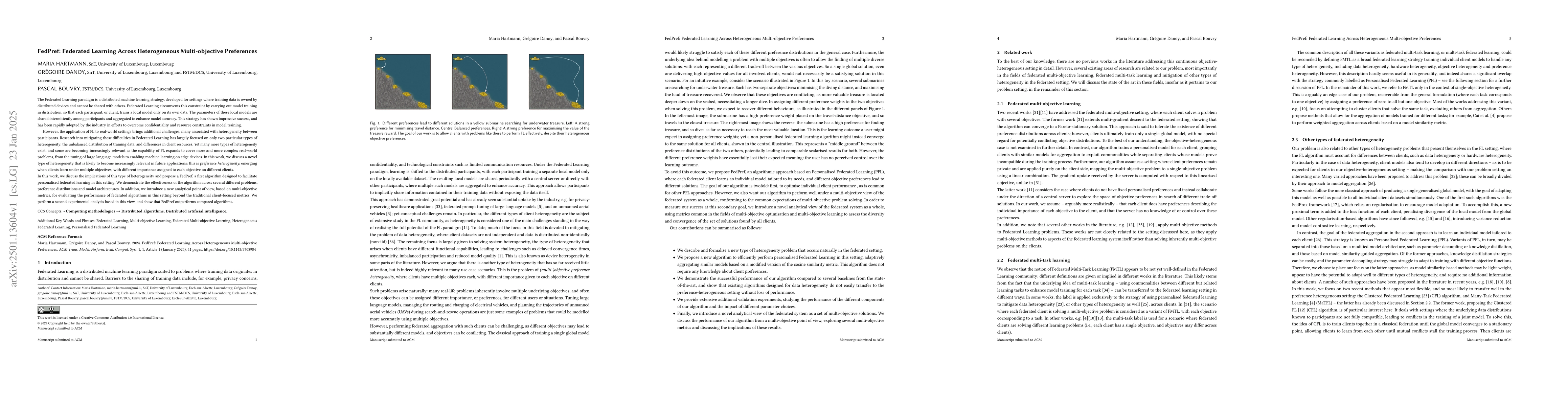 Thumbnail for FedPref: Federated Learning Across Heterogeneous Multi-objective
  Preferences
