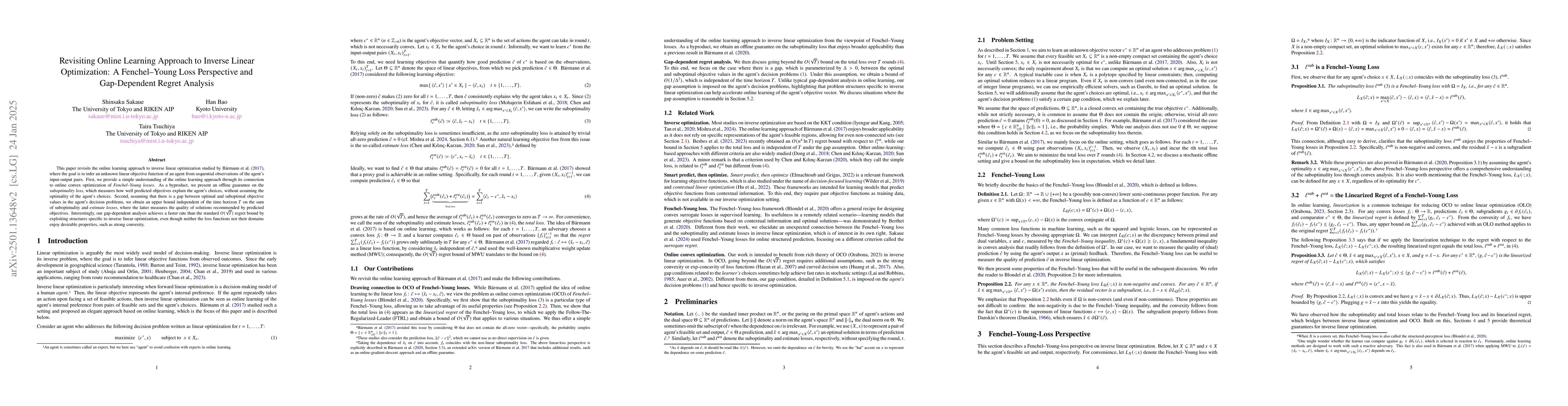 Thumbnail for Revisiting Online Learning Approach to Inverse Linear Optimization: A
  Fenchel--Young Loss Perspective and Gap-Dependent Regret Analysis