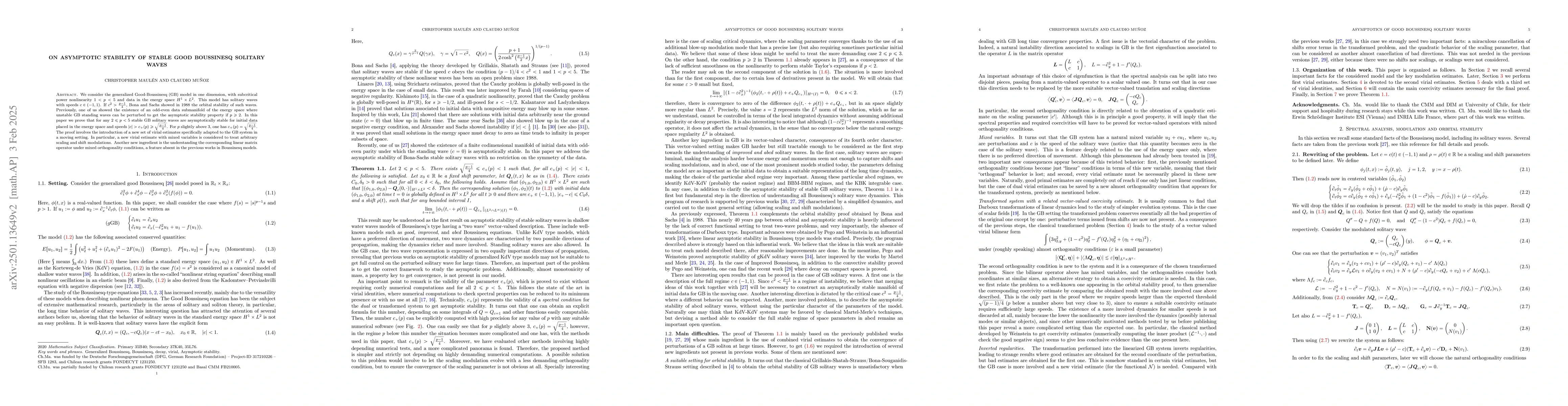 Thumbnail for On asymptotic stability of stable Good Boussinesq solitary waves