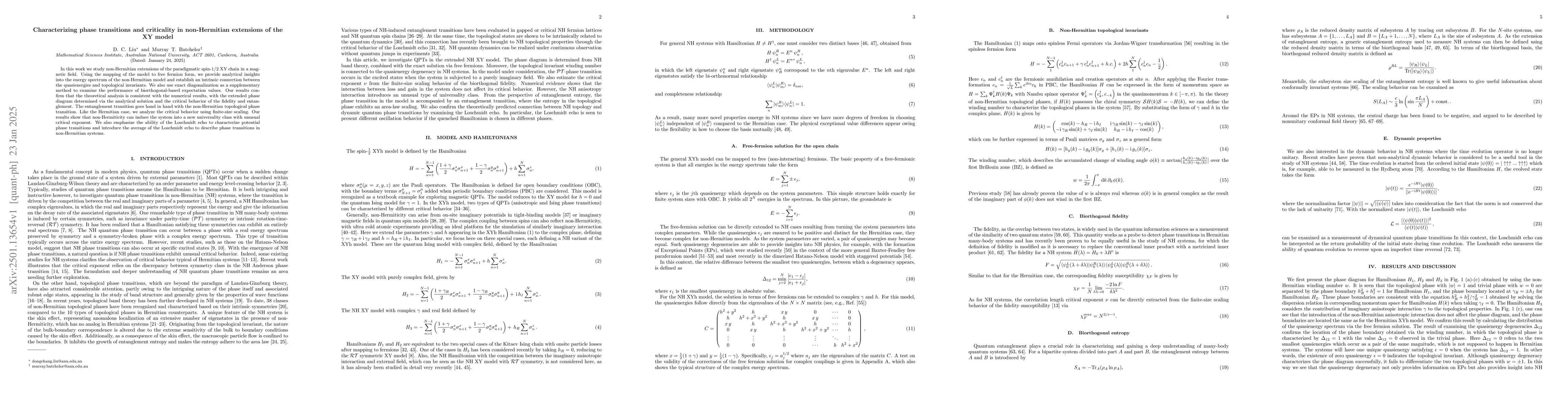 Thumbnail for Characterizing phase transitions and criticality in non-Hermitian
  extensions of the XY model