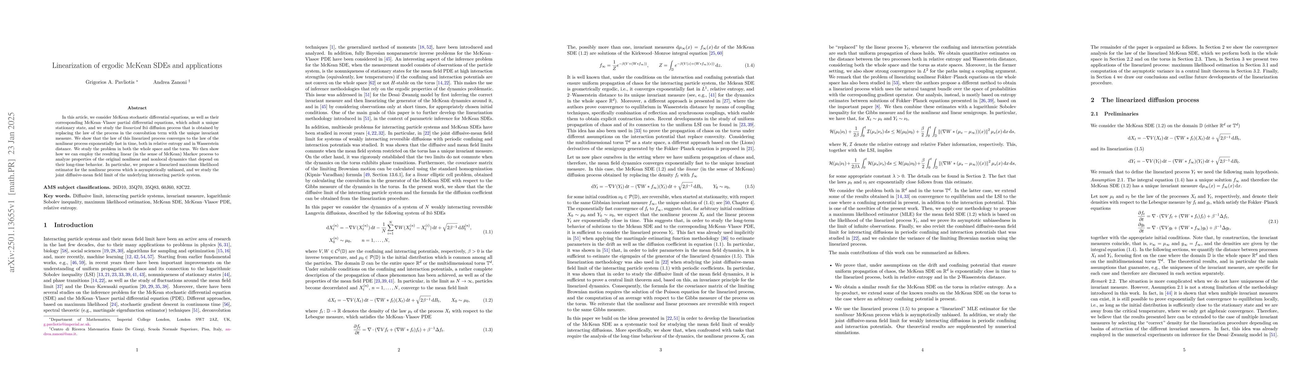 Thumbnail for Linearization of ergodic McKean SDEs and applications