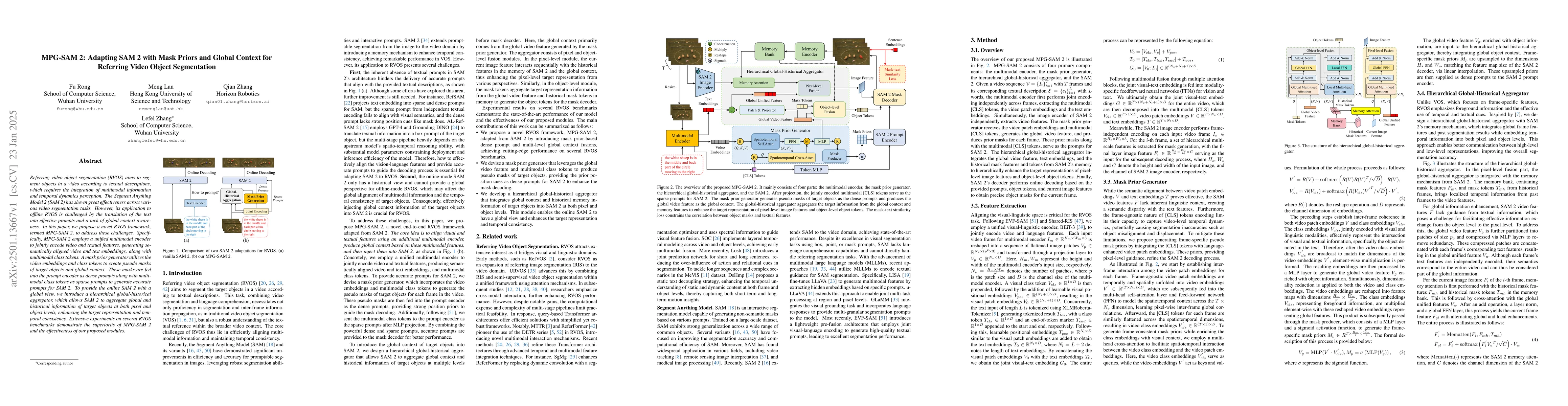 Thumbnail for MPG-SAM 2: Adapting SAM 2 with Mask Priors and Global Context for
  Referring Video Object Segmentation