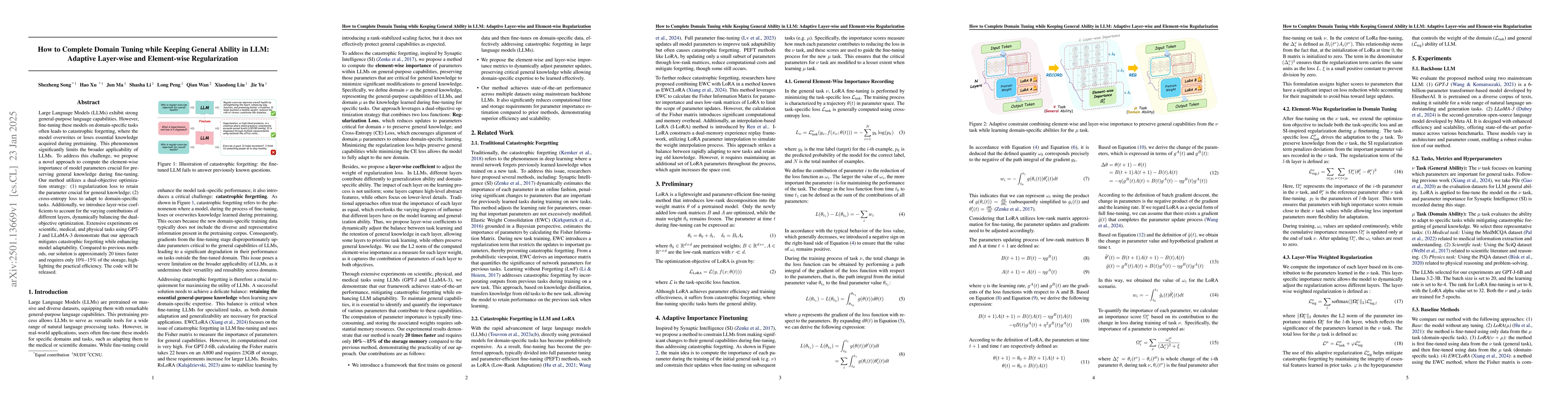 Thumbnail for How to Complete Domain Tuning while Keeping General Ability in LLM:
  Adaptive Layer-wise and Element-wise Regularization