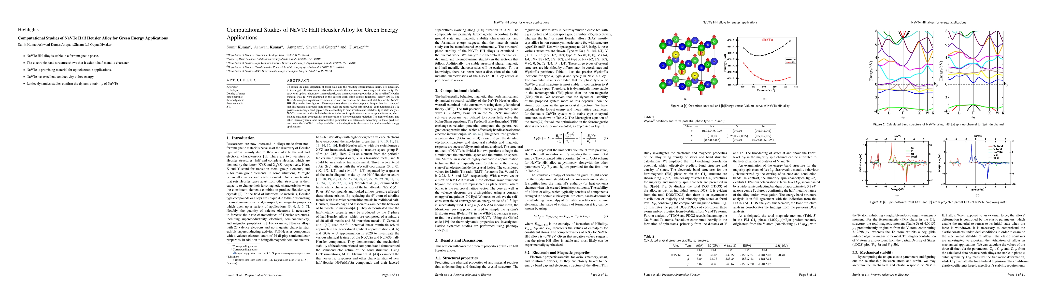 Thumbnail for Computational Studies of NaVTe Half Heusler Alloy for Green Energy
  Applications