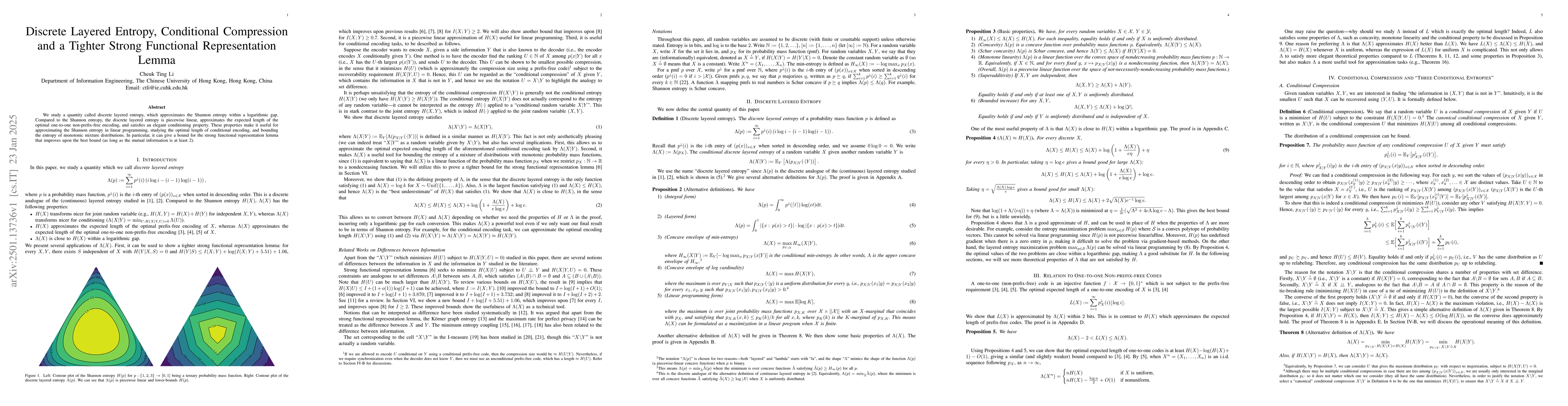 Thumbnail for Discrete Layered Entropy, Conditional Compression and a Tighter Strong
  Functional Representation Lemma