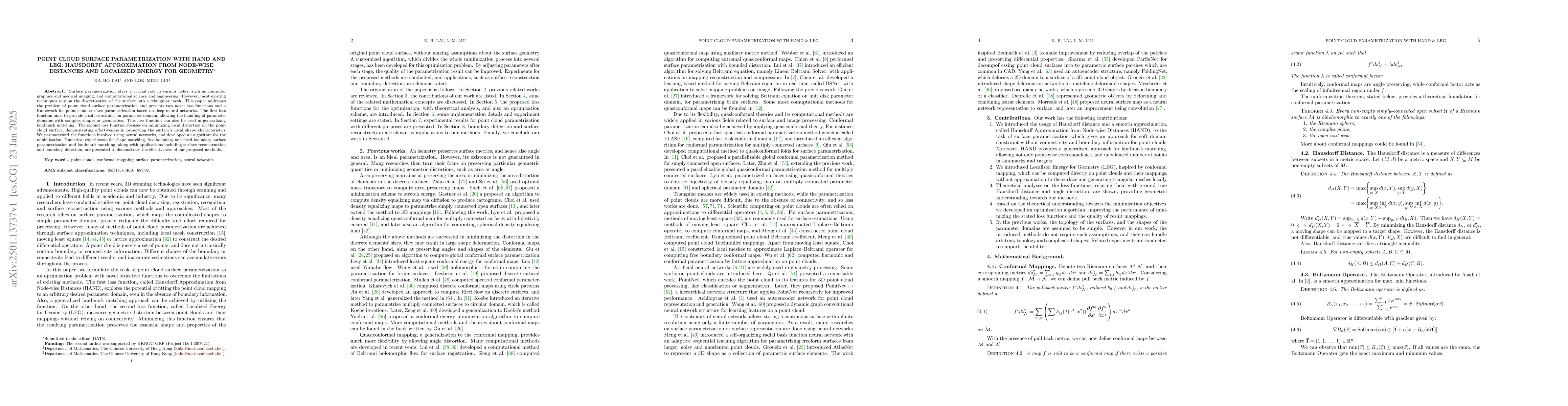 Thumbnail for Point Cloud Surface Parametrization with HAND and LEG: Hausdorff
  Approximation from Node-wise Distances and Localized Energy for Geometry