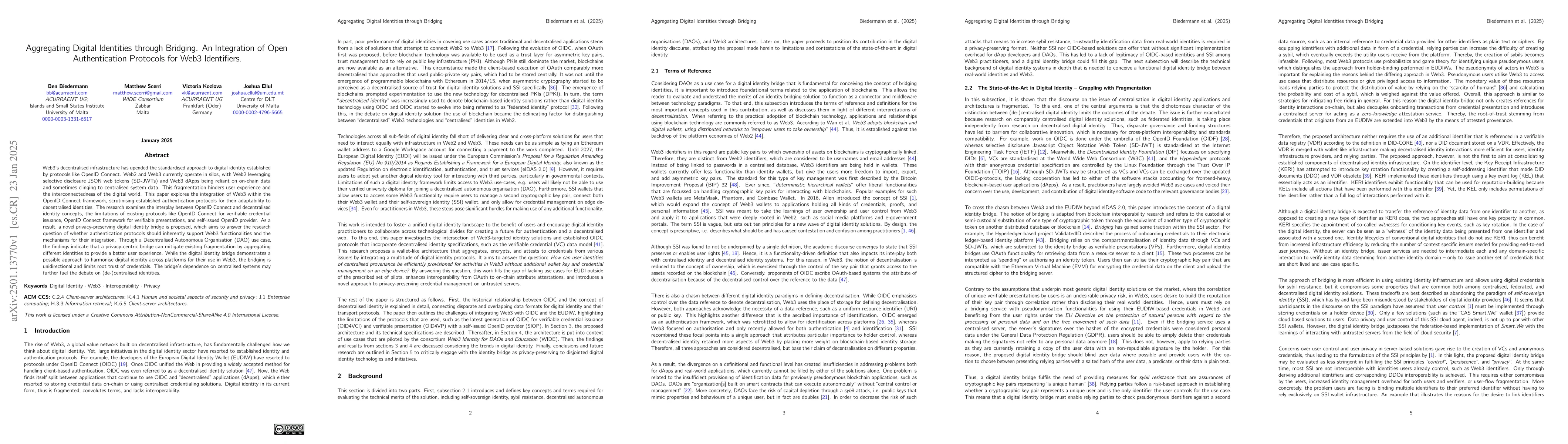 Thumbnail for Aggregating Digital Identities through Bridging. An Integration of Open
  Authentication Protocols for Web3 Identifiers