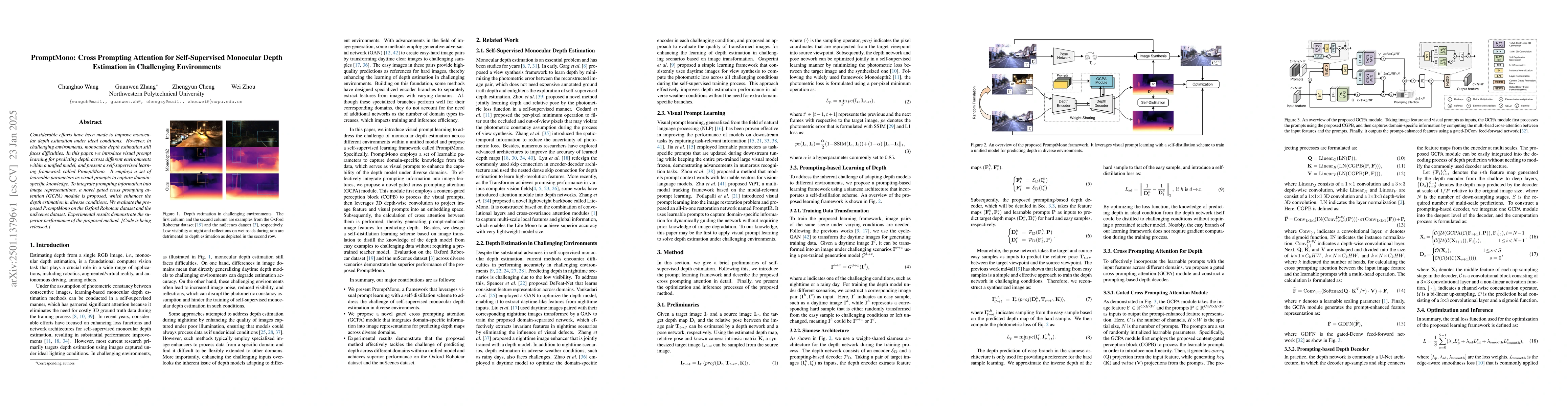Thumbnail for PromptMono: Cross Prompting Attention for Self-Supervised Monocular
  Depth Estimation in Challenging Environments