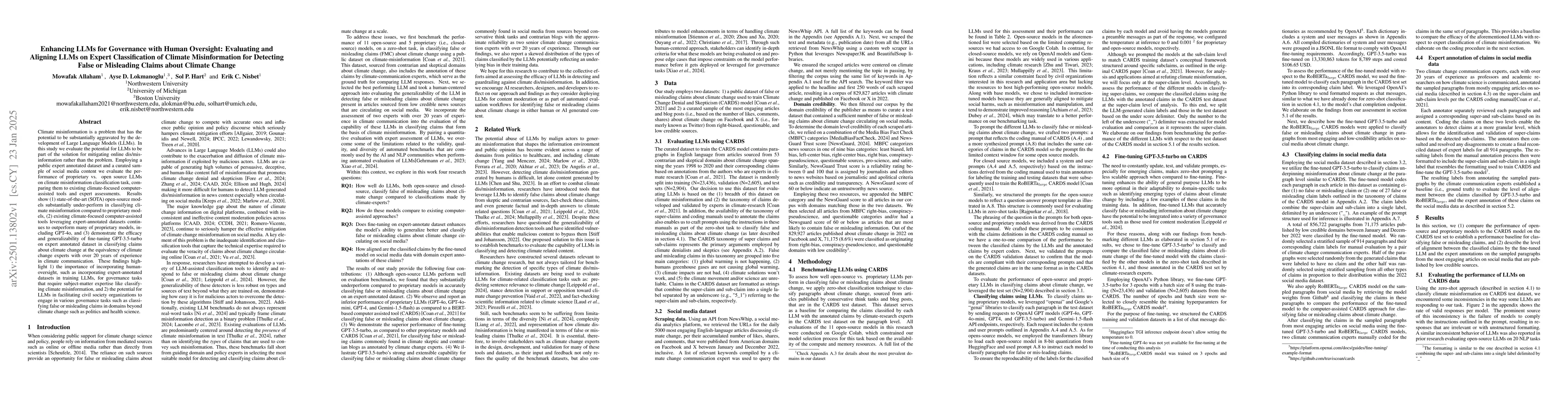Thumbnail for Enhancing LLMs for Governance with Human Oversight: Evaluating and
  Aligning LLMs on Expert Classification of Climate Misinformation for
  Detecting False or Misleading Claims about Climate Change