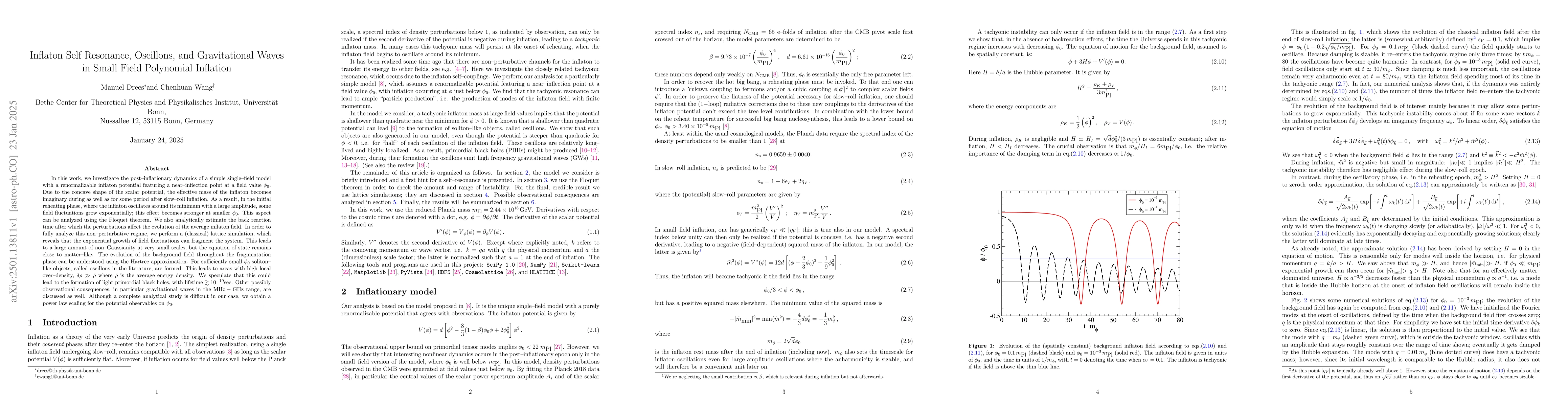 Thumbnail for Inflaton Self Resonance, Oscillons, and Gravitational Waves in Small
  Field Polynomial Inflation