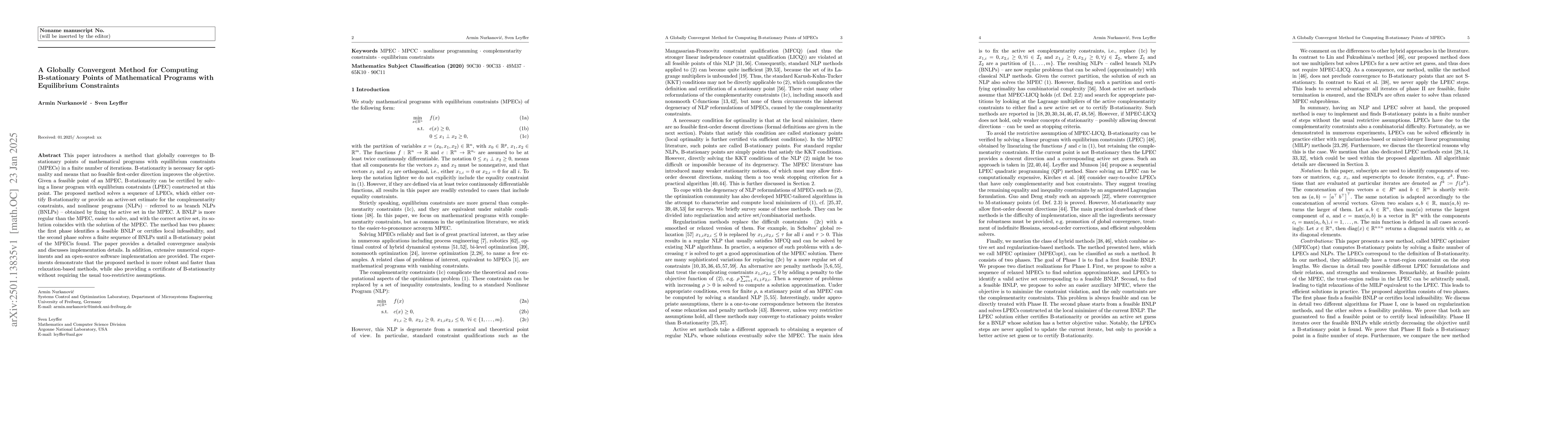 Thumbnail for A Globally Convergent Method for Computing B-stationary Points of
  Mathematical Programs with Equilibrium Constraints