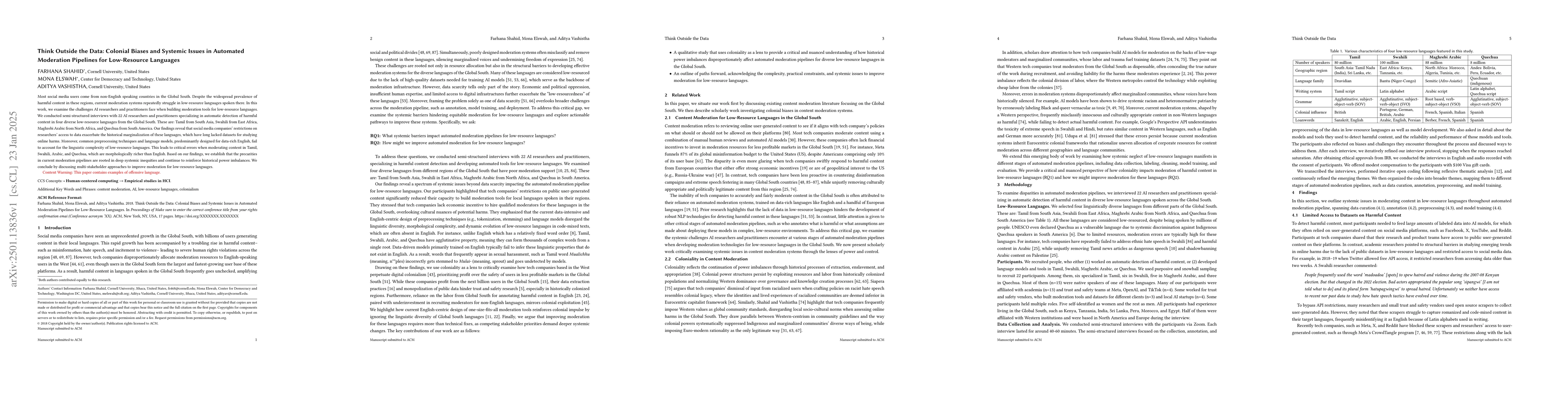 Thumbnail for Think Outside the Data: Colonial Biases and Systemic Issues in Automated
  Moderation Pipelines for Low-Resource Languages